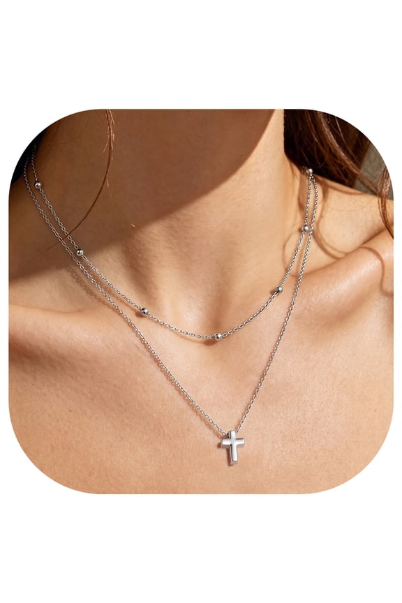 Layered Cross Necklace for Women, Silver Cross Pendant Necklace Trendy Beaded Chain Choker Necklaces Christian Faith Jewelry Gifts for Women