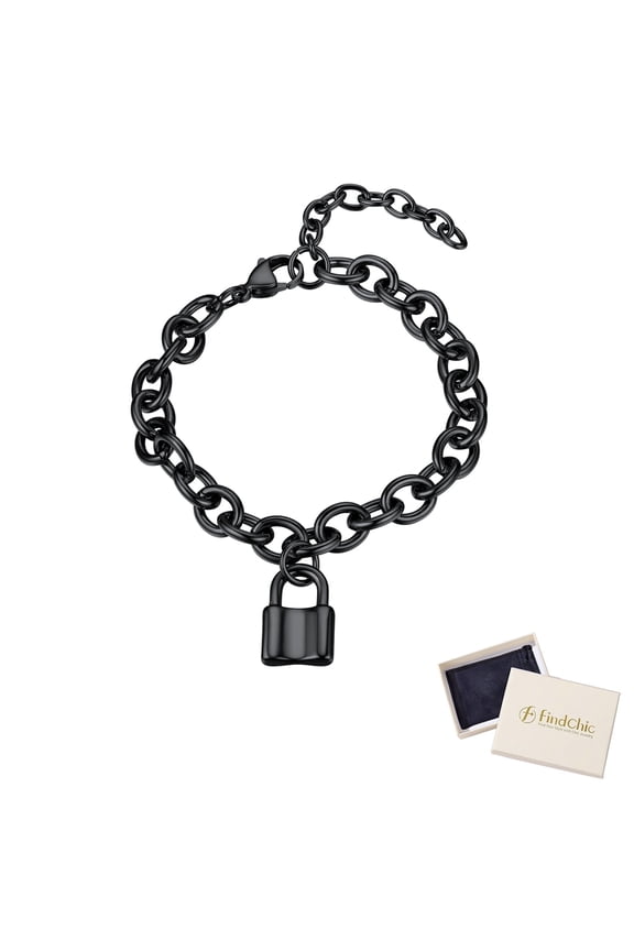 Lock Bracelets for Women Stainless Steel Black Interlocking Curb Chain Friendship Bracelets Birthday Mothers Day Jewelry Gifts Her Mom Wife Lady Adults Age Ideas, 7''