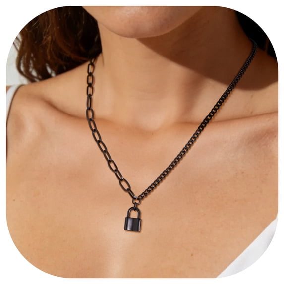 FindChic Handcuff Padlock Pendant Necklaces for Women Black Stainless Steel Curb Chain Interlocking Friendship Statement Necklace for Birthday Mothers Day, 18''