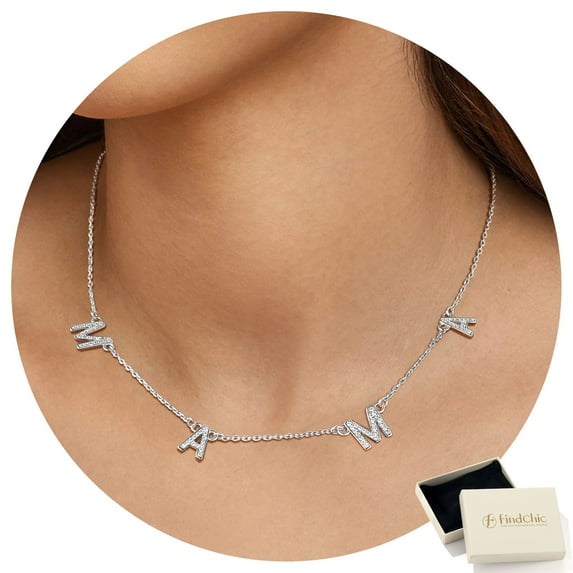 FindChic Mama Necklace for Women, Platinum Dainty Choker Cubic Zirconia Layered Necklaces Mother's Day Jewelry Gift for Mom with Box, 16inch