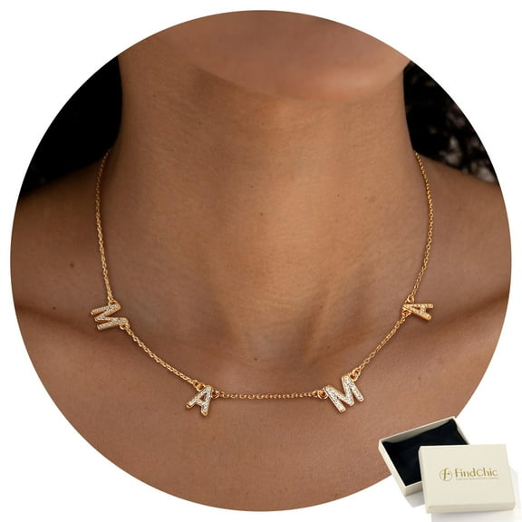 FindChic Mama Necklaces for Women, 14K Gold Plated Dainty Choker Cubic Zirconia Layered Necklace Mother's Day Jewelry Gift for Mom with Box, 16inch