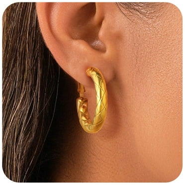 FindChic Hoop Earrings for Women Stainless Steel Rhombic Pattern Hoops 14K Gold Plated Hollow Tube Loop Earrings Birthday Christmas Jewelry Gifts Her Mom Wife Adults Ideas, 30mm
