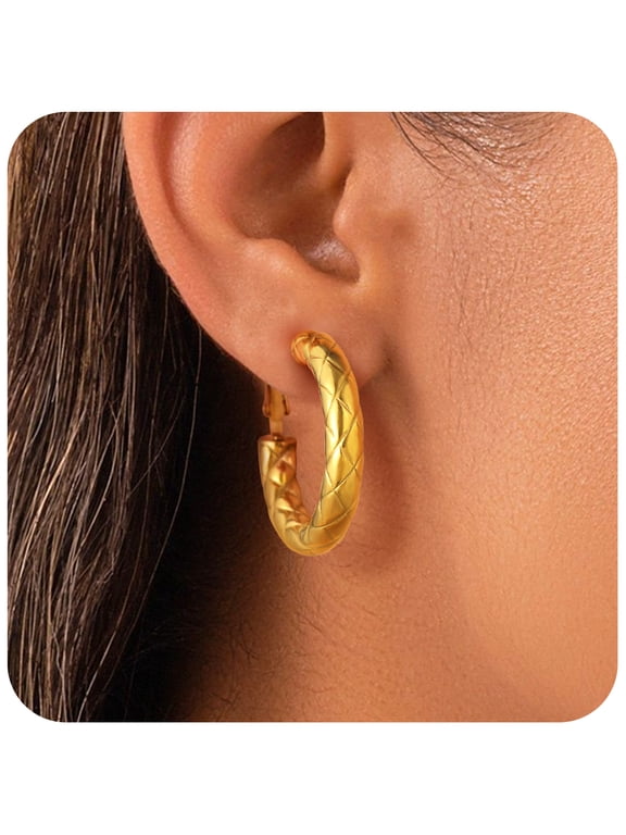Hoop Earrings for Women Stainless Steel Rhombic Pattern Hoops 14K Gold Plated Hollow Tube Loop Earrings Birthday Christmas Jewelry Gifts Her Mom Wife Adults Ideas, 30mm