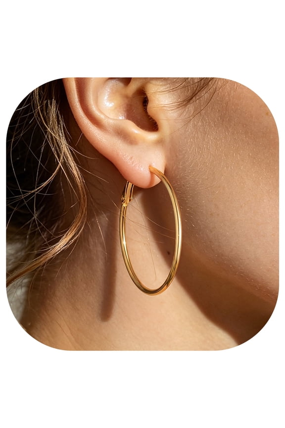 Medium Hoop Earrings for Women 40mm Gold Plated Hoop Earrings Stainless Steel Hoops Hypoallergenic Lightweight Earring Birthday Graduation Jewelry Gifts for Women/Her/Mom