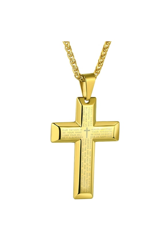 Gold Cross Necklaces for Men Stainless Steel Lord's Prayer Pendant Necklace Boyfriend Husband Religious Valentine's Day Gift Packaged