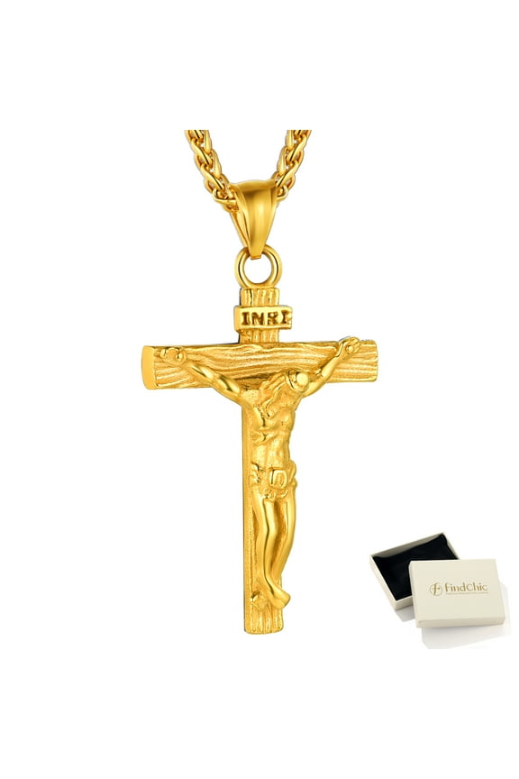 Golden Cross Necklaces for Men Stainless Steel INRI Crucifix Pendant Necklace Jesus Piece Religious Praying Jewelry for Christian Dad Father's Day Gift