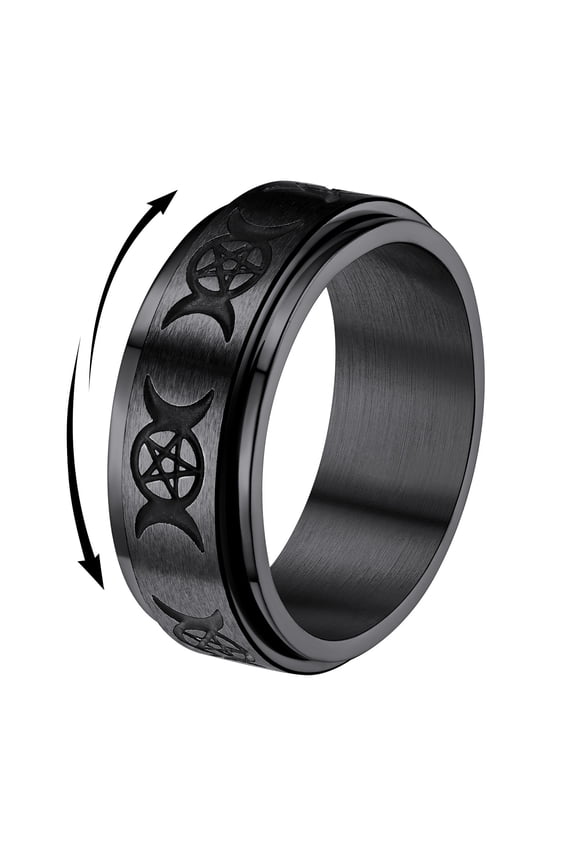 Triple Moon Rings for Men Black Stainless Steel Spinner Band Ring Stress Relief Rotatable Anxiety Ring, Size 7-14