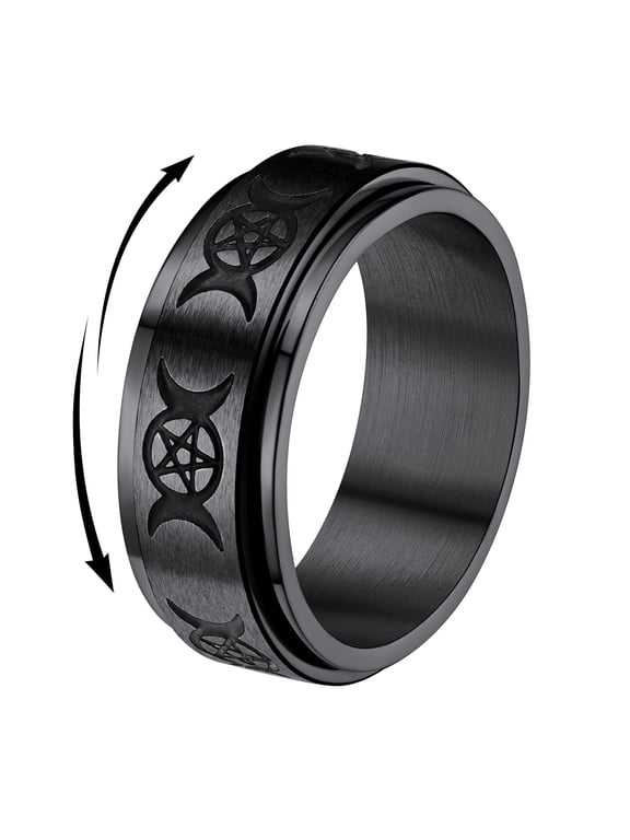 Triple Moon Rings for Men Black Stainless Steel Spinner Band Ring Stress Relief Rotatable Anxiety Ring, Size 7-14
