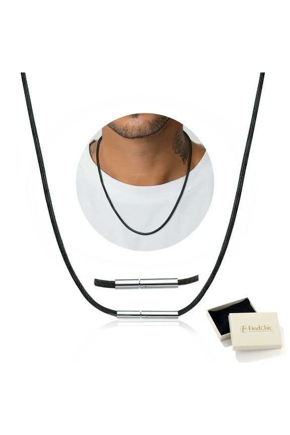 Men Waterproof Black Leather Cord Necklaces, Stainless Steel Chain Necklace 2mm Width 16-30 inch Waxed Rope Chain to Match Pendant for Dad Son, with Gift Box
