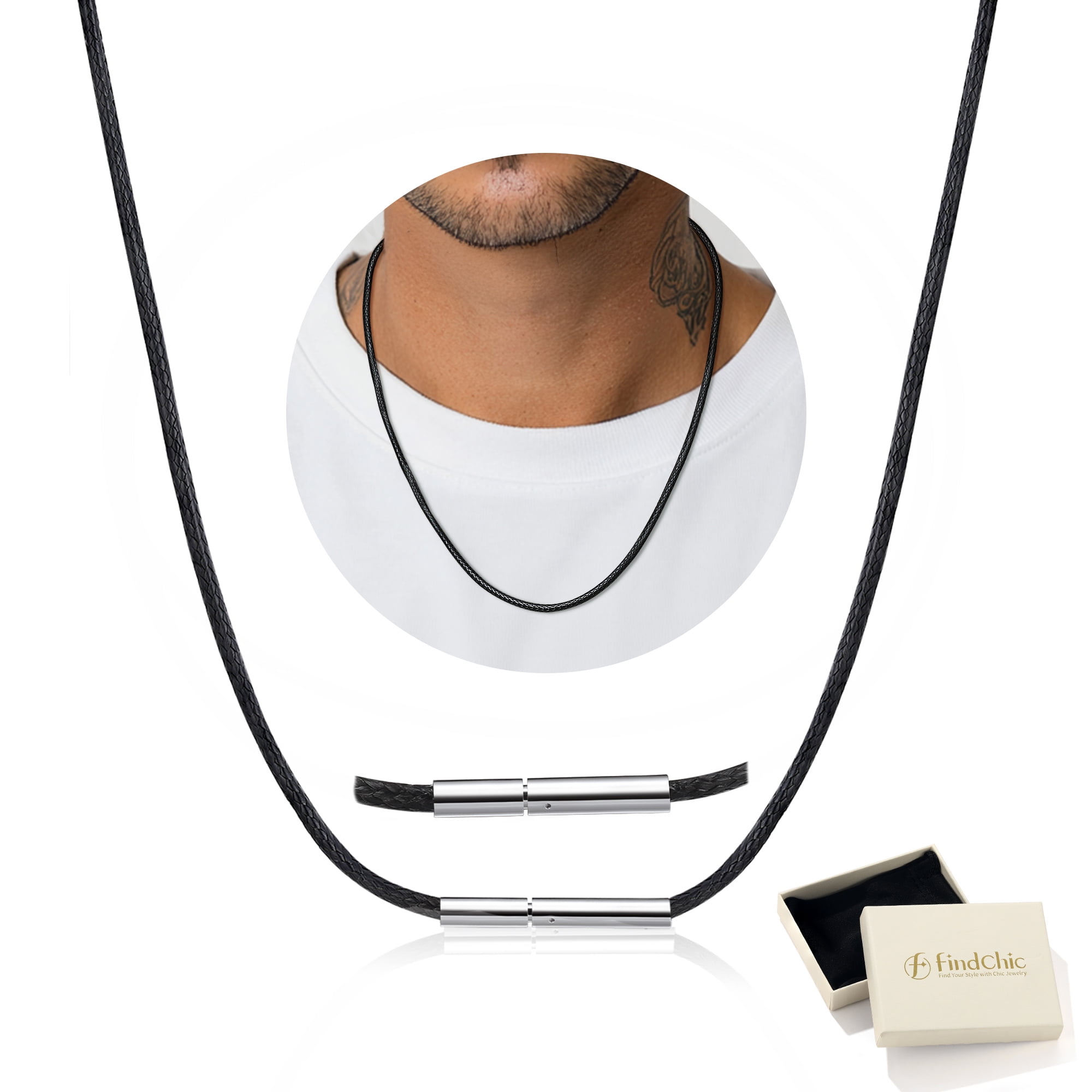 FindChic Men Waterproof Black Leather Cord Necklaces, Stainless Steel Chain Necklace 2mm Width 16-30 inch Waxed Rope Chain to Match Pendant for Dad Son, with Gift Box
