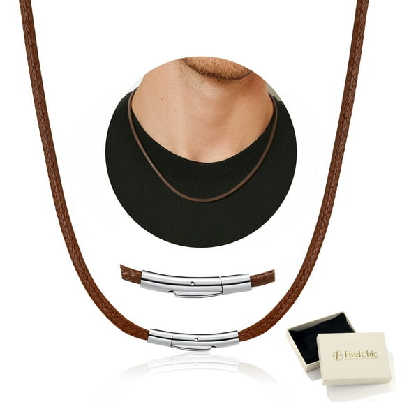 FindChic Men's Waterproof Braided Leather Cord Chain 2mm/3mm Width 16-30 inch Stainless Steel Necklace Brown Woven Wax Rope Chain for Pendant, with Gift Box