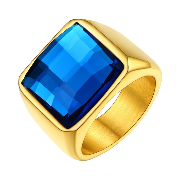 FindChic Mens 14K Gold Plated Signet Rings Blue Gemstone Thumb Statement Ring for Him Husband Birthday Christmas Jewelry Gift Size 7-14(Box)