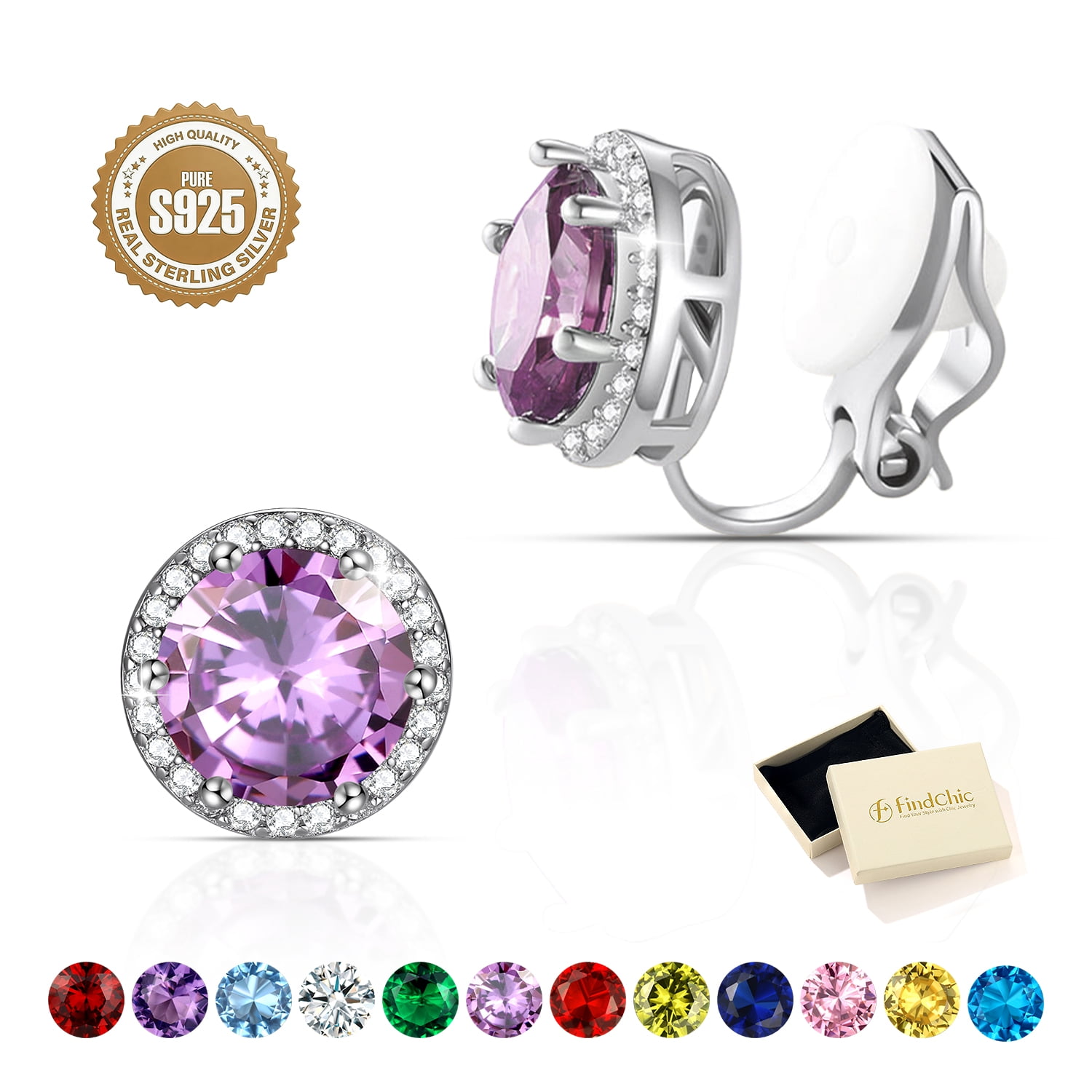 FindChic Pure 925 Sterling Silver Clip On Earrings for Women, Round 8MM Cubic Zirconia Non Pierced Studs Synthetic Alexandrite Birthstone Earrings Jewelry Gifts for Her, Birthday/Christmas