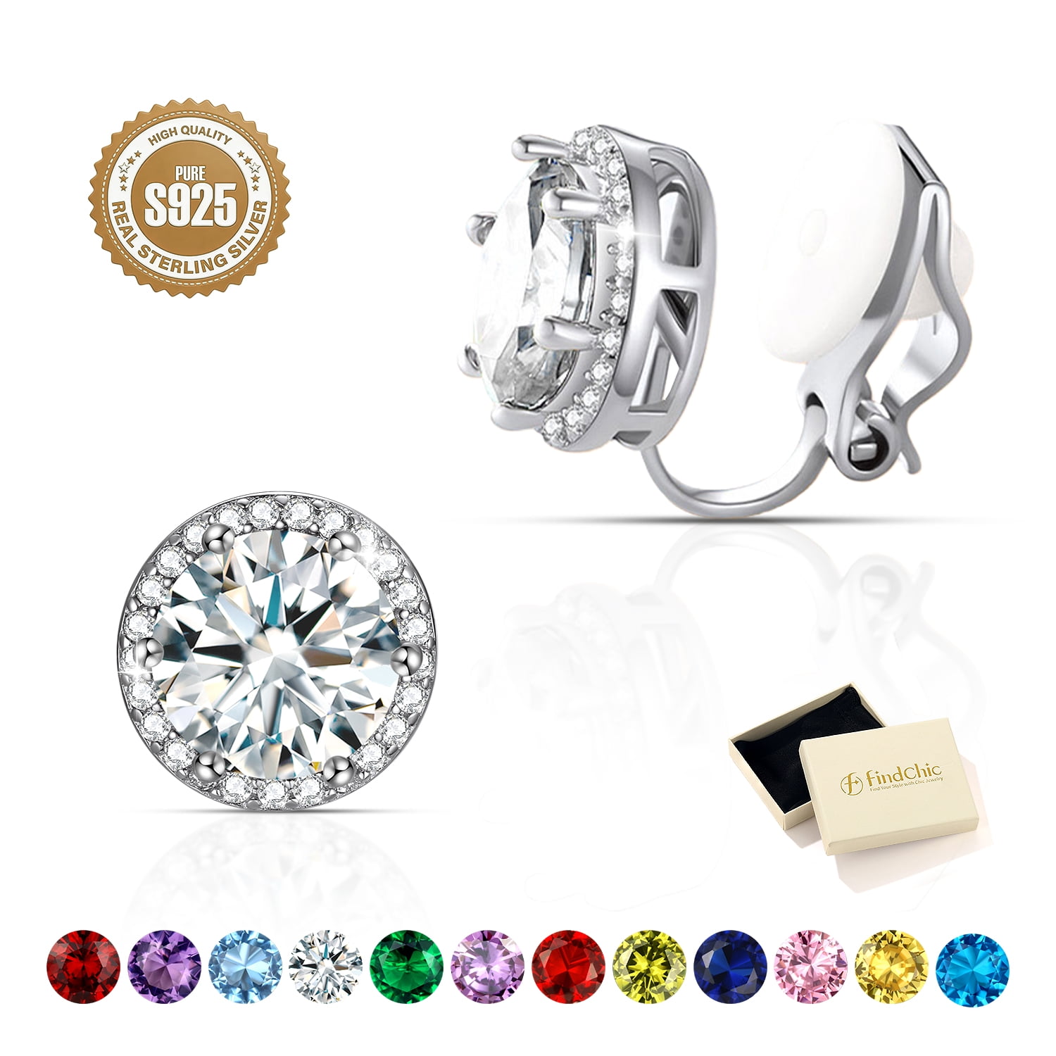 FindChic Pure 925 Sterling Silver Clip On Earrings for Women, Round 8MM Cubic Zirconia Non Pierced Studs Synthetic Diamond Birthstone Earrings Jewelry Gifts for Her, Birthday/Christmas