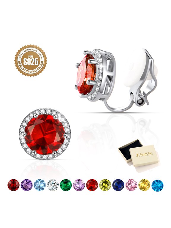 Pure 925 Sterling Silver Clip On Earrings for Women, Round 8MM Cubic Zirconia Non Pierced Studs Synthetic Ruby Birthstone Earrings Jewelry Gifts for Her, Birthday/Christmas