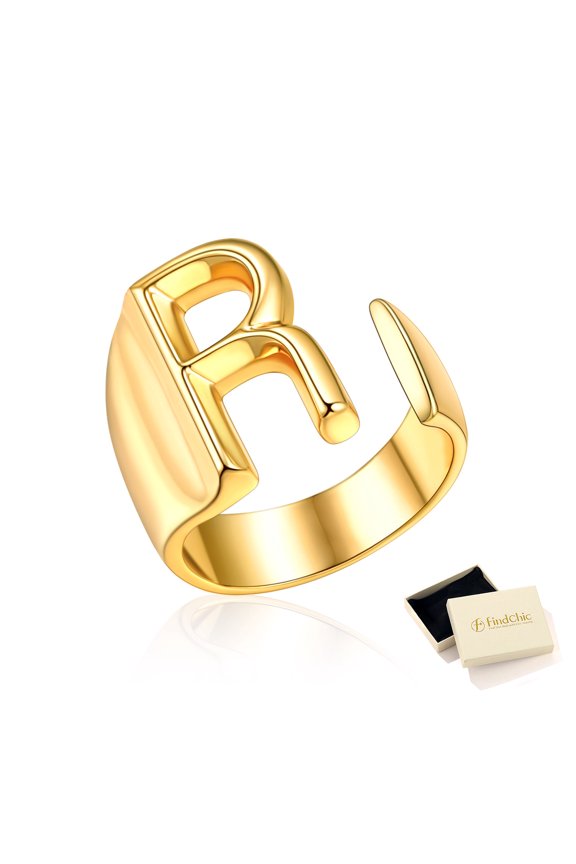 14K Gold Plated Initial Rings for Women, Personalized Letter R Ring Adjustable Open Statement Jewelry Stacking Ring Christmas Birthday Gifts for Wife Girlfriend