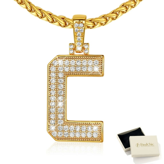 FindChic Initial Necklace for Women Men Personalized Gifts 14K Gold Plated Wheat Chain Bling CZ Alphabet Letter C Pendant Jewelry for Birthday Christmas