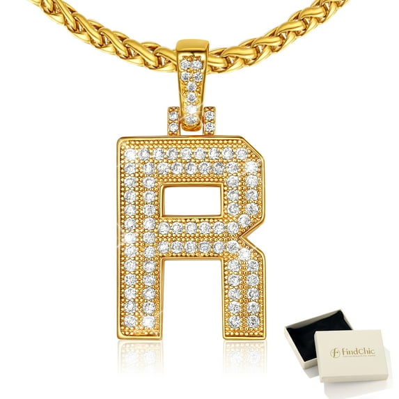 FindChic Big Initial Necklace for Women Men 14K Gold Plated Cubic Zirconia Letter R Pendants Jewelry Gifts for Birthday Christmas