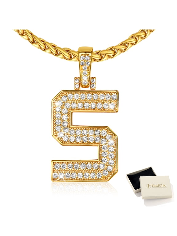 Initial Necklace for Women, 14K Gold Plated Wheat Chain Letter S Pendant with CZ, Hip Hop Statement Necklace Personalized Jewelry Christmas Birthday Gifts for Men