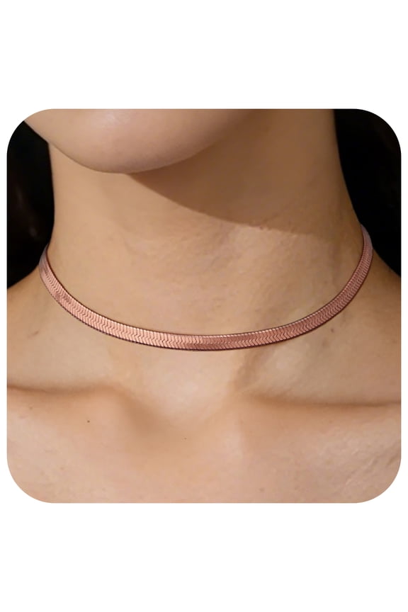 Herringbone Necklace for Women Rose Gold Plated Chokers 5mm Flat Snake Chain Birthday Mothers Day Jewelry Gifts Her Mom Wife Lady Female Adults Age Ideas, 12.5inch