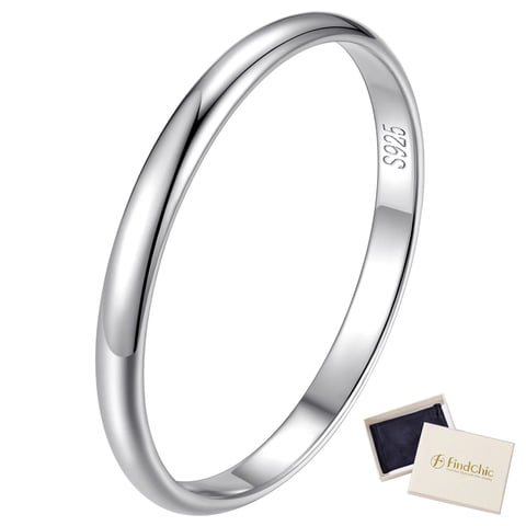 Simple Band Rings for Women, 2mm Pure 925 Sterling Silver Ring Engagement Wedding Band for Couple, Mothers Day Jewelry Gifts - Size 7