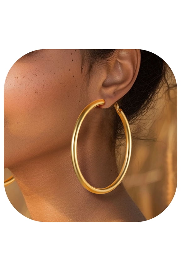 60mm Hoop Earrings for Women Black Gold Plated Oversized Dangle Earrings Stainless Steel Loop Earrings, Valentines Day Gifts for Her with Box