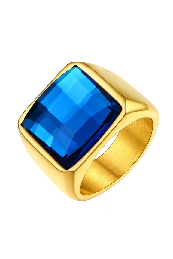 Mens 14K Gold Plated Signet Rings Blue Gemstone Thumb Statement Ring for Him Husband Birthday Christmas Jewelry Gift Size 7-14(Box)