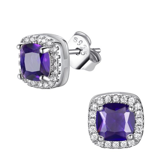 FindChic Square Cubic Zirconia Studs Earring Sparkling Synthetic Alexandrite Birthstone Earrings for Women with 925 Sterling Silver Posts & Push Backs