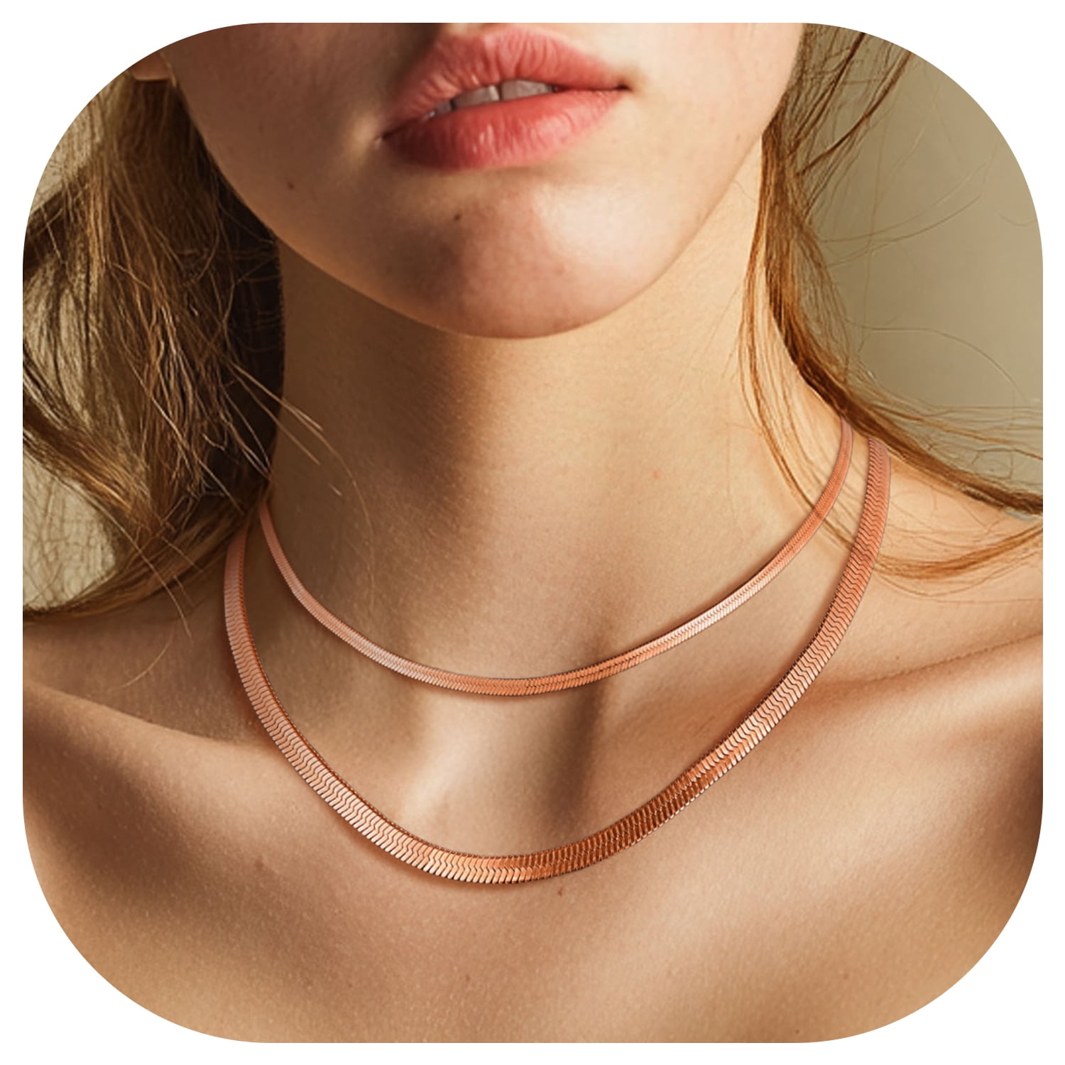 FindChic 2pcs Rose Gold Plated Necklaces for Women Layered Herringbone Choker Snake Chain Birthday Mothers Day Jewelry Gifts Her Mom Wife Lady Female Adults Age Ideas, 3mm & 5mm