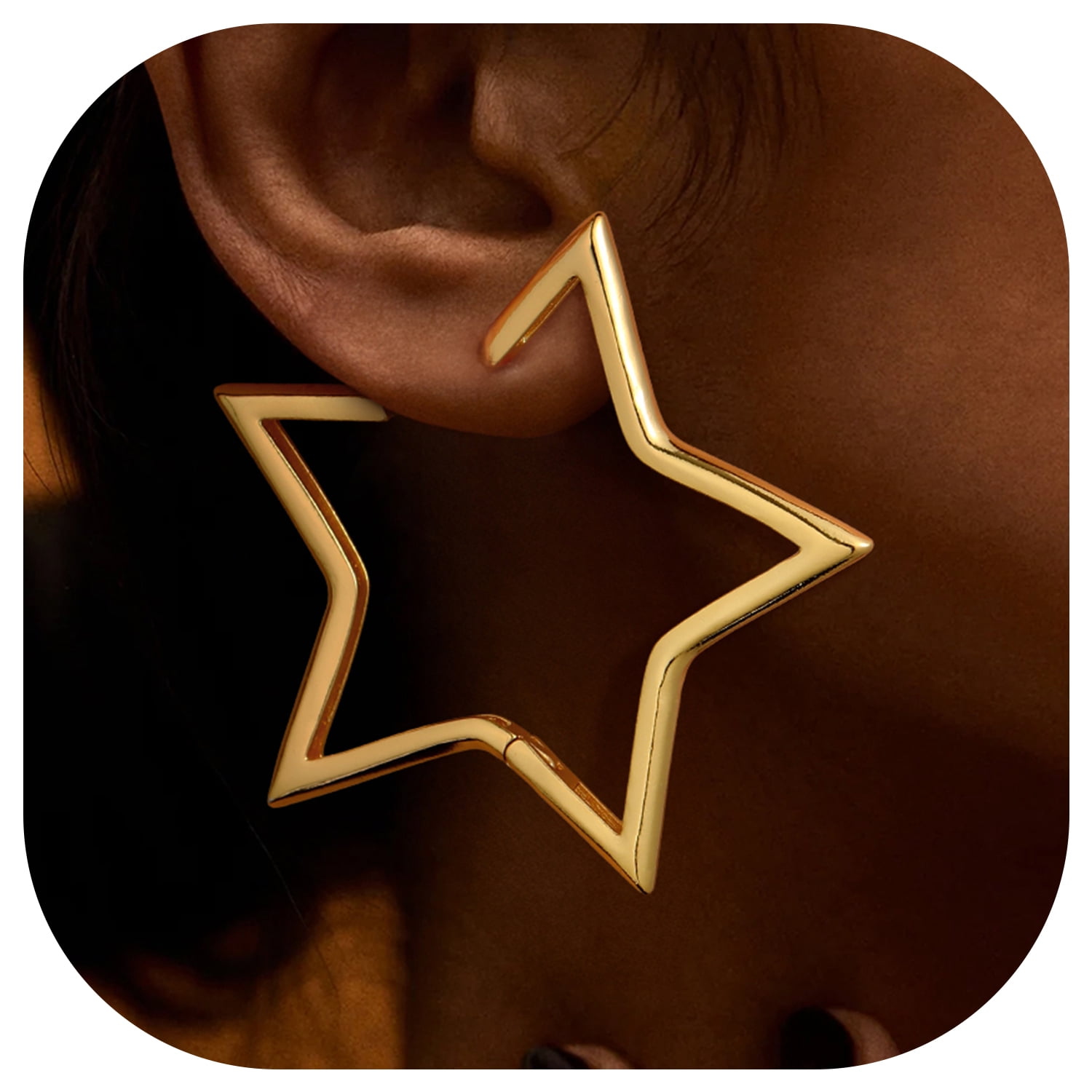 FindChic Star Earrings for Women, 14K Gold Plated Huggie Hoops Medium Hoop Earrings Birthday Graduation Mothers Day Jewelry Gifts Her Mom Adults Ideas, 60mm