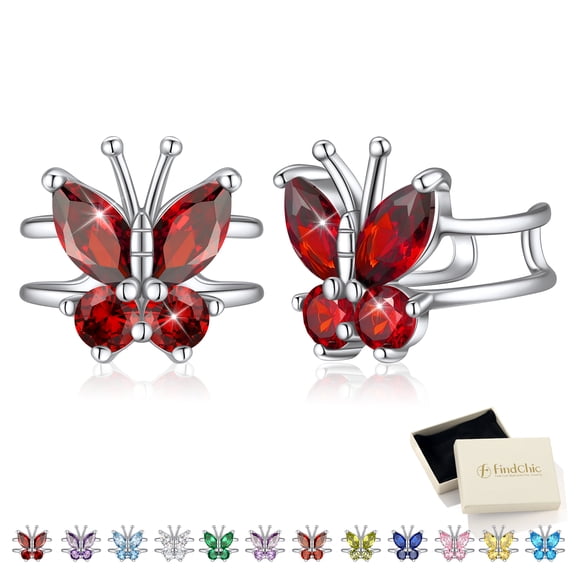 FindChic Women Clip-on Butterfly Earring January Synthetic Garnet Birthstone Earrings Sterling Silver Jewelry for Birthday Christmas