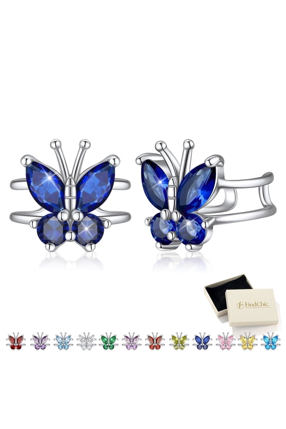 Women Clip-on Butterfly Earring September Synthetic Sapphire Birthstone Earrings Sterling Silver Jewelry for Birthday Christmas