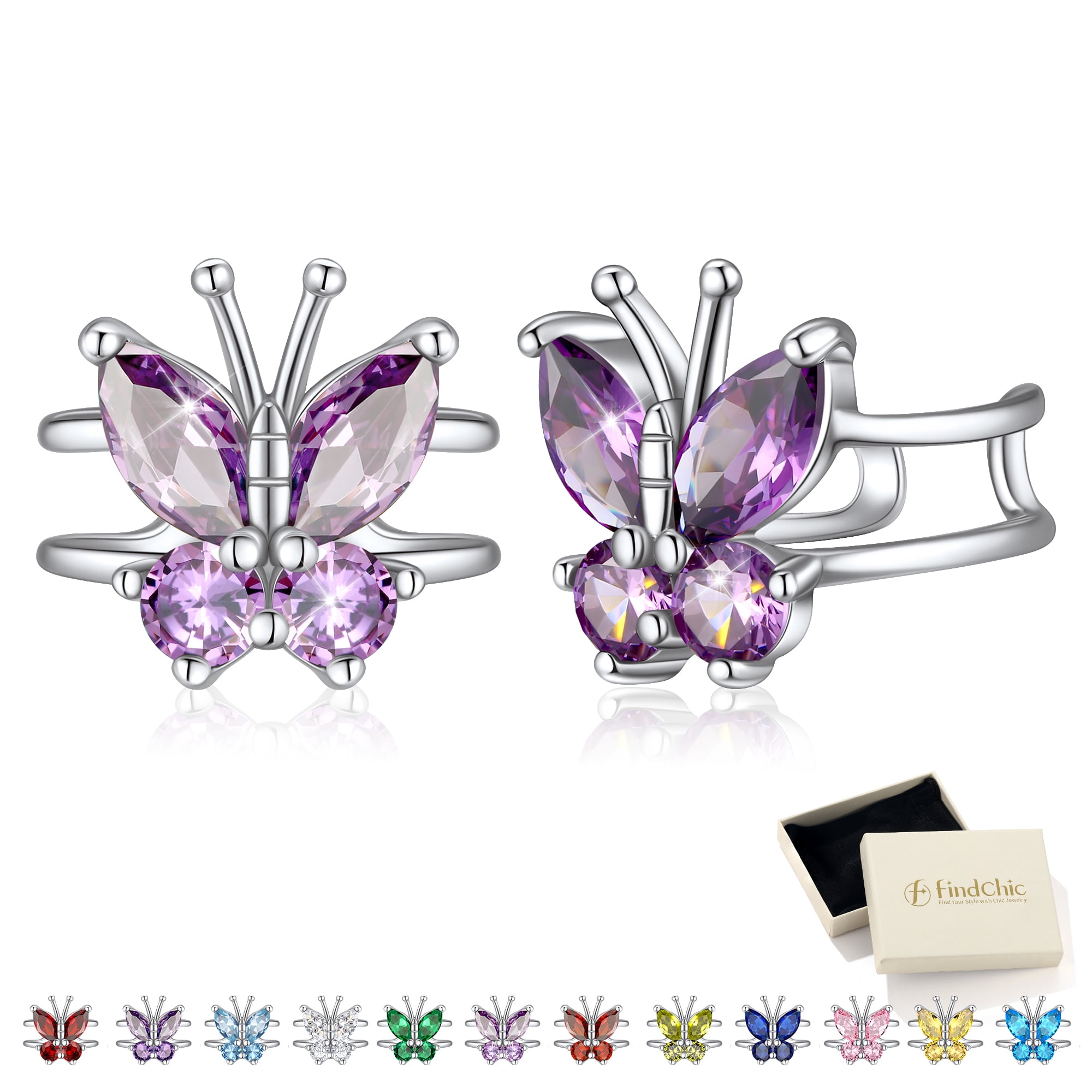 FindChic Women Clip-on Butterfly Earring June Synthetic Alexandrite Birthstone Earrings Sterling Silver Jewelry for Birthday Christmas