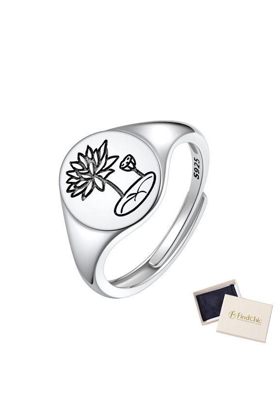 Sterling Silver Rings for Women July Lotus Birth Flower Adjustable Signet Ring Size 6-11 Valentines Christmas Birthday Jewelry Gift for Her/Mom