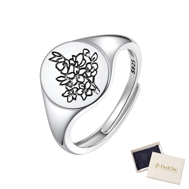 FindChic Adjustable Birth Flower Ring - Sterling Silver Floral Signet Ring For Women, Size 6-11, Perfect Gift For Mom & Daughter