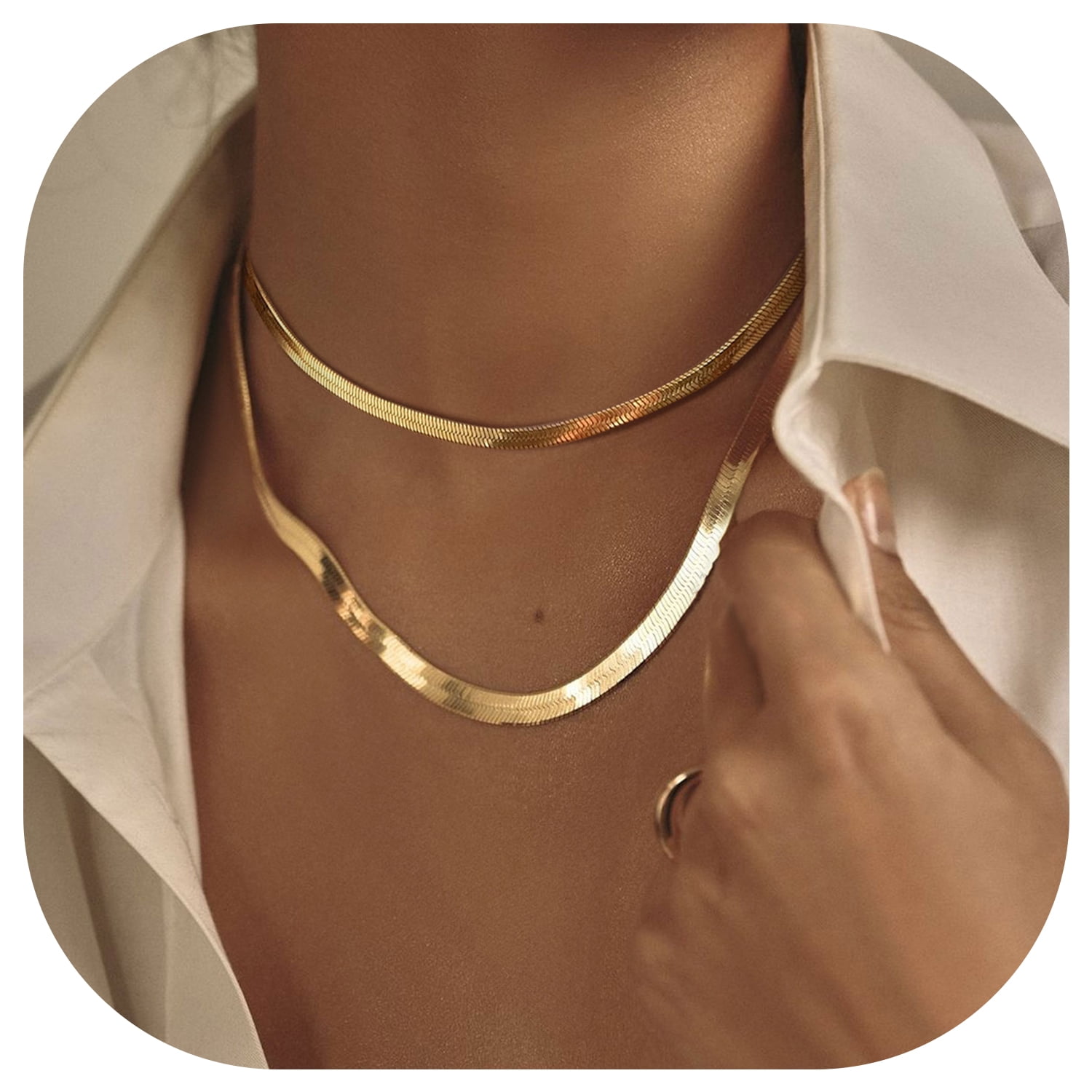 FindChic 2pcs 14K Gold Plated Necklaces for Women Layered Herringbone Choker Snake Chain Birthday Mothers Day Jewelry Gifts Her Mom Wife Lady Female Adults Age Ideas, 3mm & 5mm