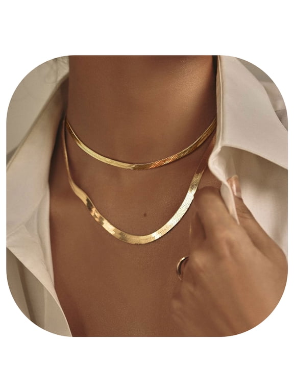 2pcs 14K Gold Plated Necklaces for Women Layered Herringbone Choker Snake Chain Birthday Christmas Stocking Stuffer Jewelry Gifts Her Mom Wife Female Adults Age Ideas, 3mm & 5mm