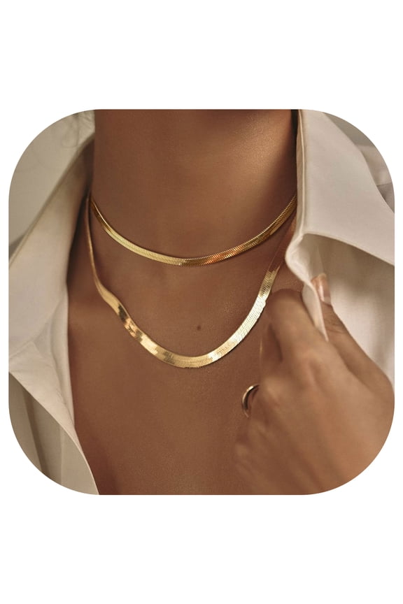 2pcs 14K Gold Plated Necklaces for Women Layered Herringbone Choker Snake Chain Birthday Valentines Day Jewelry Gifts Her Girlfriend Wife Lady Female Adults Age Ideas, 3mm & 5mm
