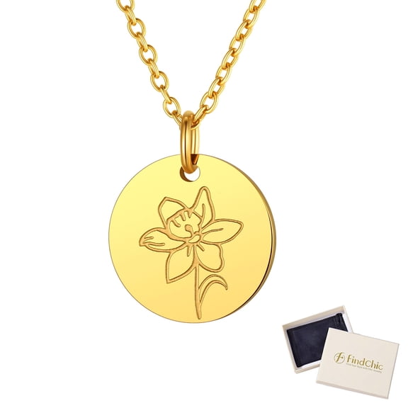 FindChic Birth Flower Necklaces for Women 14K Gold Plated Stainless Steel Guardian Month Floral Daffodil Pendant Necklace for Her Birthday Christmas Jewelry with Gift Box