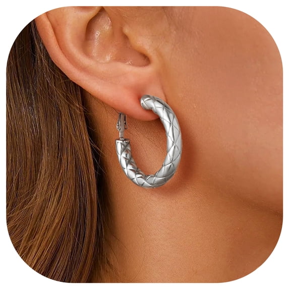 FindChic Hoop Earrings for Women Stainless Steel Rhombic Pattern Hoops Silver Hollow Tube Loop Earrings Birthday Mothers Day Jewelry Gifts Her Mom Wife Adults Ideas, 30mm