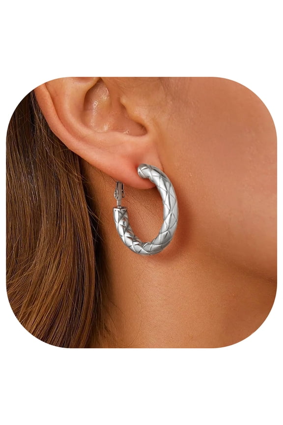 Hoop Earrings for Women Stainless Steel Rhombic Pattern Hoops Silver Hollow Tube Loop Earrings Birthday Mothers Day Jewelry Gifts Her Mom Wife Adults Ideas, 30mm