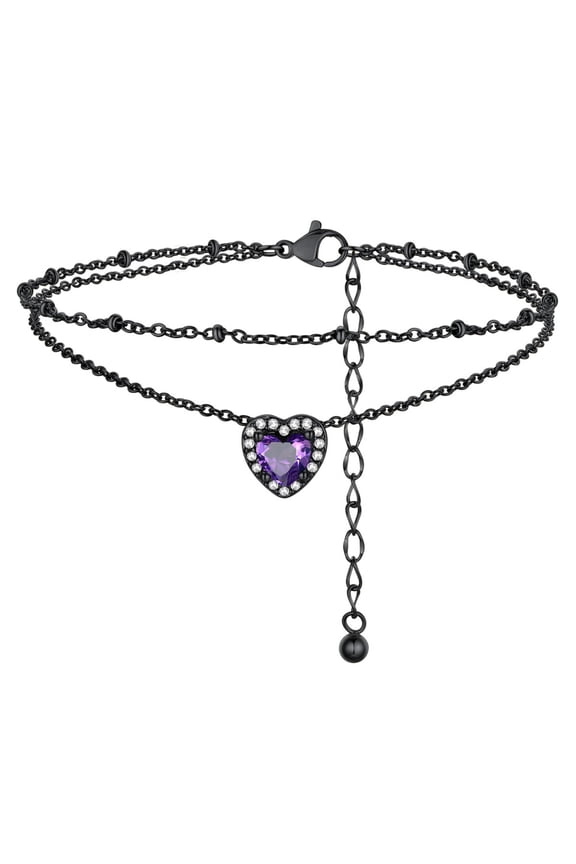 February Birthstone Anklets for Women Layered Beaded Ankle Bracelets Black Stainless Steel Heart Foot Chain Summer Jewelry Birthday Mothers Day Gifts Her Mom Wife Adults Ideas