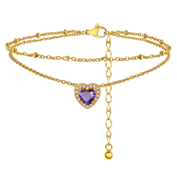 FindChic February Birthstone Anklets for Women 14K Gold Plated Layered Beaded Ankle Bracelets Stainless Steel Heart Foot Chain Summer Jewelry for Girlfriend Mom, with Gift Box
