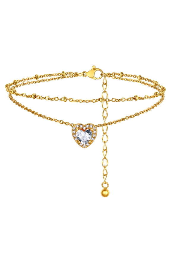 April Birthstone Anklets for Women 14K Gold Plated Layered Beaded Ankle Bracelets Stainless Steel Heart Foot Chain Summer Jewelry Birthday Mothers Day Gifts Her Mom Wife Adults Ideas