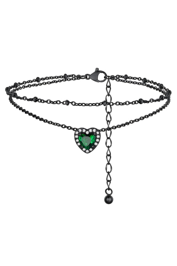 May Birthstone Anklets for Women Layered Beaded Ankle Bracelets Black Stainless Steel Heart Foot Chain Summer Jewelry Birthday Mothers Day Gifts Her Mom Wife Adults Ideas