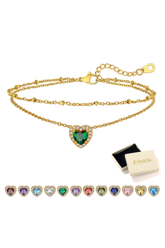 May Birthstone Anklets for Women 14K Gold Plated Layered Beaded Ankle Bracelets Stainless Steel Heart Foot Chain Summer Jewelry Birthday Graduation Gifts Her Mom Wife Adults Ideas