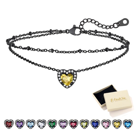 FindChic November Birthstone Anklets for Women Layered Beaded Ankle Bracelets Black Stainless Steel Heart Foot Chain Summer Jewelry Birthday Graduation Gifts Her Mom Wife Adults Ideas