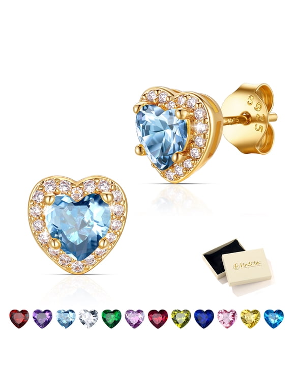 March Birthstone Earrings for Women 14K Gold Plated Heart Stud Earrings with Hypoallergenic Post & Push Back Birthday Christmas Stocking Stuffer Jewelry Gifts for Mom Wife Daughter