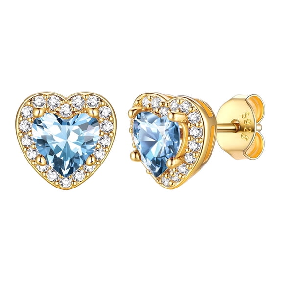 FindChic Valentines Gifts for Her, March Birthstone Earrings for Women 14K Gold Plated Heart Earrings with 925 Sterling Silver Posts & Push Backs, Hypoallergenic Studs with Cubic Zirconia