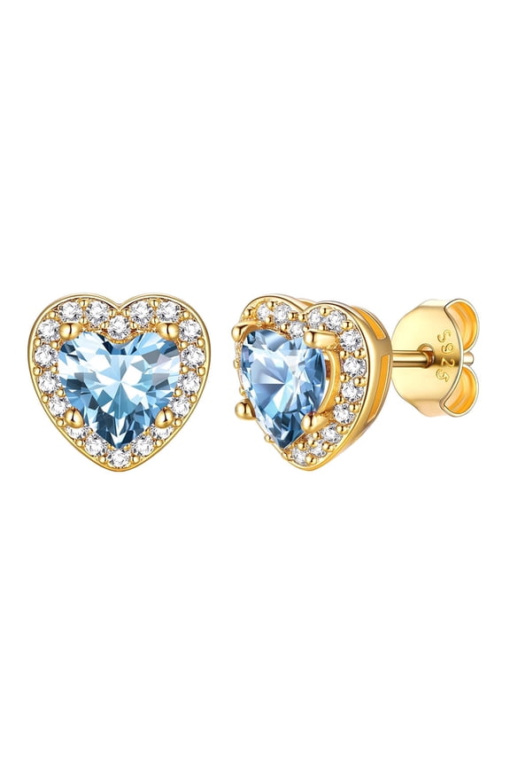 Valentines Gifts for Her, March Birthstone Earrings for Women 14K Gold Plated Heart Earrings with 925 Sterling Silver Posts & Push Backs, Hypoallergenic Studs with Cubic Zirconia